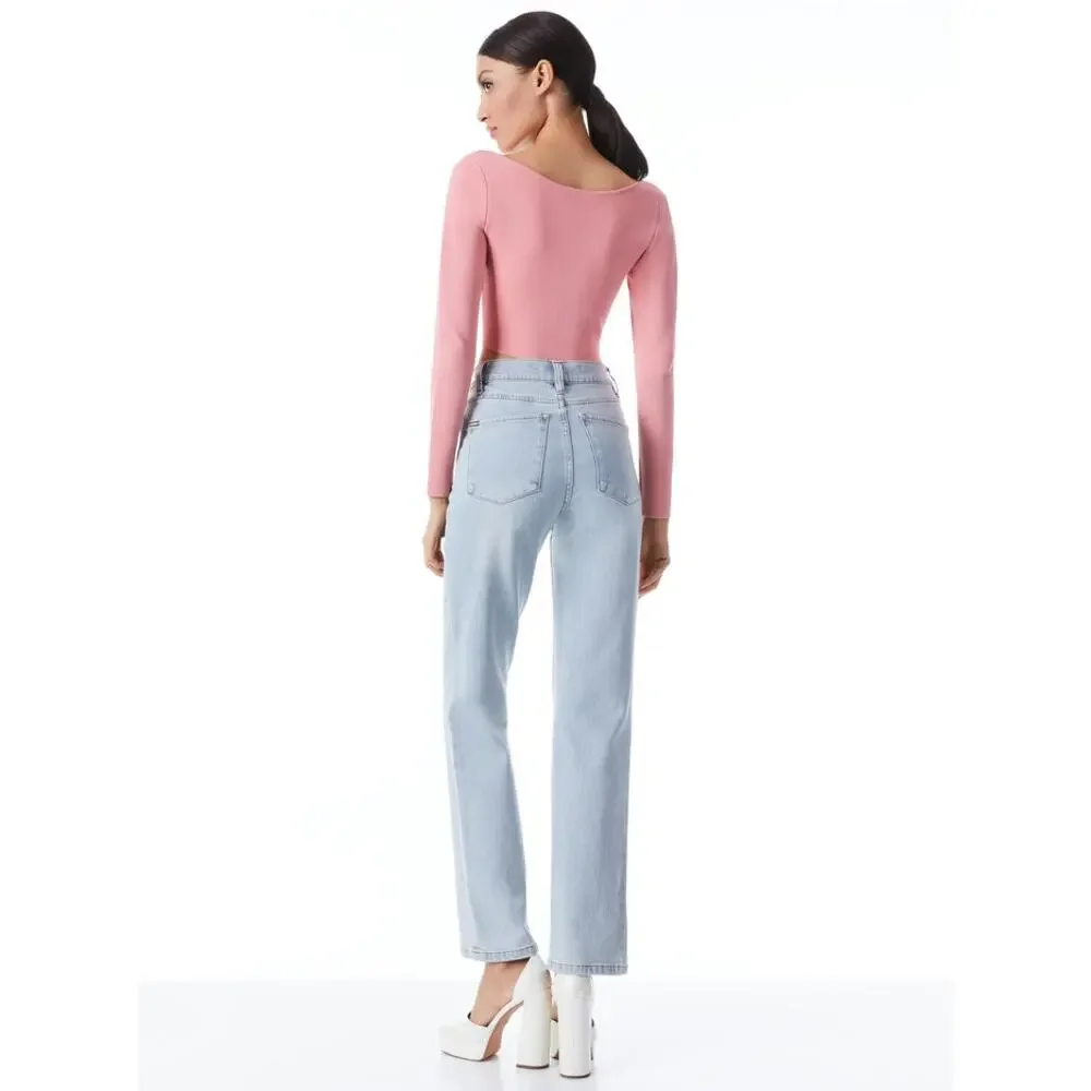 ALICE AND OLIVIA Sharee Top Womens Medium Pink Tie Knit Crop V Neck Long Sleeve